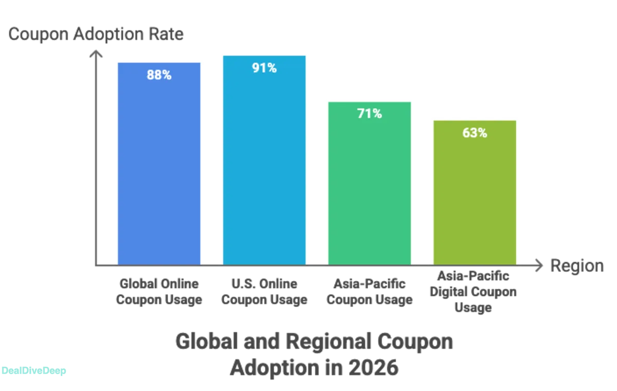 Data chart showing the global scale of digital coupon adoption and 2026 e-commerce redemption trends