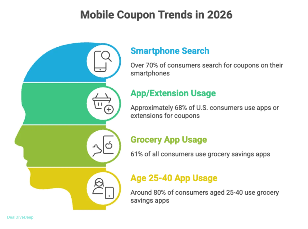 Infographic illustrating Mobile Coupon Trends in 2026, highlighting that over 70% of consumers search for coupons on their smartphones.
